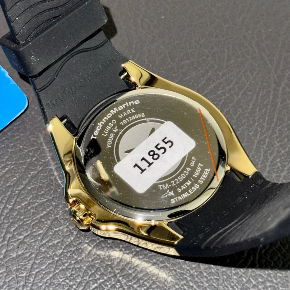 TechnoMarine Lusso Mare Gold Tone Watch Black Silicone Strap NWT